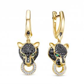 Серьги из лимонного золота RoseGrace 5-6569/1-106-2Ж-ИзЧбр с бриллиантом, изумрудом и чёрным бриллиантом 5-6569/1-106-2Ж-ИзЧбр фото