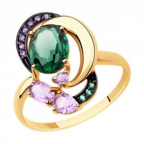 Золотое кольцо Diamant с аметистом, ситаллом цвета Турмалин и фианитом 51-310-00401-1 51-310-00401-1 фото