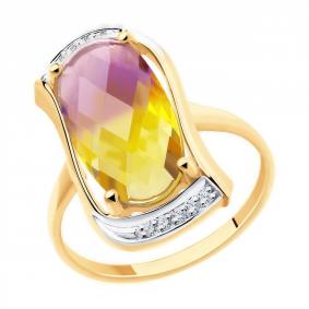 Золотое кольцо Diamant с ситаллом цвета Аметрин и фианитом 51-310-00791-1 51-310-00791-1 фото