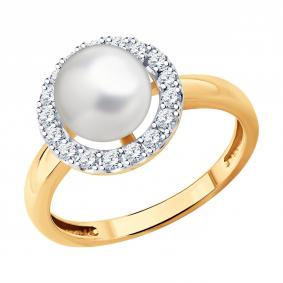 Золотое кольцо Diamant 51-310-02825-2 с фианитом и жемчугом 51-310-02825-2 фото