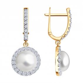 Золотые серьги Diamant 51-321-02823-2 с фианитом и жемчугом 51-321-02823-2 фото