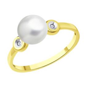 Кольцо из лимонного золота Diamant 53-210-01876-1 с бриллиантом и жемчугом 53-210-01876-1 фото