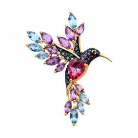 Золотая брошь SOKOLOV 58740408 с фианитом, аметистом и рубиновым корундом 58740408 фото