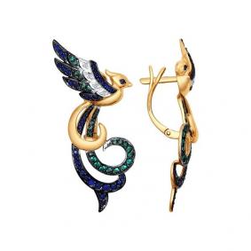 Золотые серьги SOKOLOV 6022094 с бриллиантом, сапфировым корундом и гидротермальным изумрудом 6022094 фото