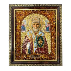 Икона из серебра ручной работы Святитель Николай Чудотворец с натуральным янтарем 628390-м 628390-м фото