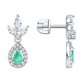Серебряные серьги SOKOLOV 63020011 с фианитом и изумрудом 63020011 фото