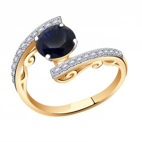 Золотое кольцо AQUAMARINE 63987Б с фианитом и гидротермальным сапфиром 63987Б фото