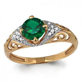 Золотое кольцо AQUAMARINE 63993Г с фианитом и гидротермальным изумрудом 63993Г фото