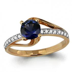 Золотое кольцо AQUAMARINE 63997Б с фианитом и гидротермальным сапфиром 63997Б фото