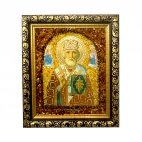 Икона ручной работы Святая блаженная Святитель Николай Чудотворец ИН с янтарём 65398848-м 65398848-м фото