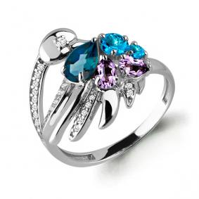Серебряное кольцо AQUAMARINE 6588730А с топазом, фианитом, аметистом и Лондон топазом 6588730А фото