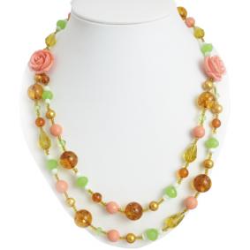 Колье Янтарная волна 7-00000 с кварцем, янтарём и кораллом 7-00000 фото