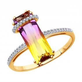 Золотое кольцо SOKOLOV с ситаллом цвета Аметрин и фианитом 713932 713932 фото