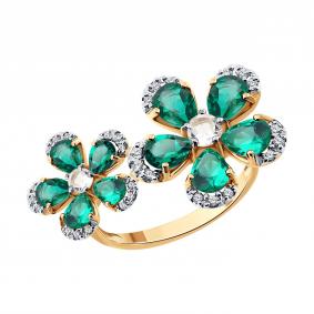 Золотое кольцо SOKOLOV 717392 с фианитом, гидротермальным изумрудом и горным хрусталём 717392 фото