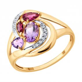 Золотое кольцо SOKOLOV 717777 с фианитом, аметистом и родолитом 717777 фото