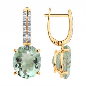 Золотые серьги SOKOLOV 72-00538 с бриллиантом и празиолитом 72-00538 фото