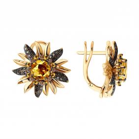 Золотые серьги SOKOLOV 72-00565 с цитрином и коньячным бриллиантом 72-00565 фото