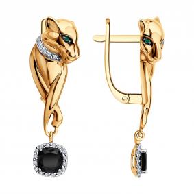Золотые серьги SOKOLOV 72-00579 с бриллиантом, ониксом и гидротермальным изумрудом 72-00579 фото