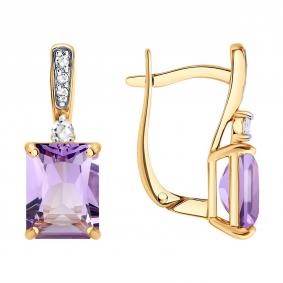 Золотые серьги SOKOLOV 72-00589 с аметистом, бриллиантом и горным хрусталём 72-00589 фото