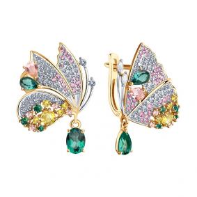 Золотые серьги SOKOLOV 727187 с фианитом, цитрином, миксом камней, Swarovski, турмалином и морганитом 727187 фото