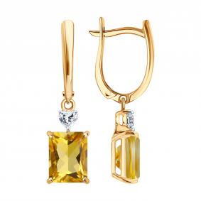 Золотые серьги SOKOLOV 729364 с фианитом и цитрином 729364 фото