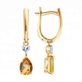 Золотые серьги SOKOLOV 729365 с фианитом и цитрином 729365 фото