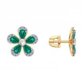 Золотые серьги SOKOLOV 729366 с фианитом, гидротермальным изумрудом и горным хрусталём 729366 фото