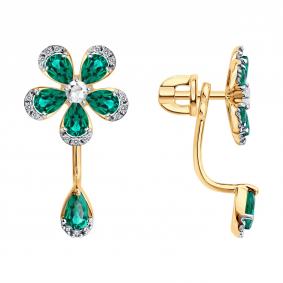 Золотые серьги-трансформеры SOKOLOV с гидротермальным изумрудом, горным хрусталем и фианитом 729394 729394 фото