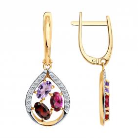 Золотые серьги SOKOLOV 729396 с фианитом, аметистом, гранатом и родолитом 729396 фото