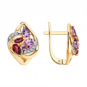 Золотые серьги SOKOLOV 729548 с фианитом, аметистом и родолитом 729548 фото
