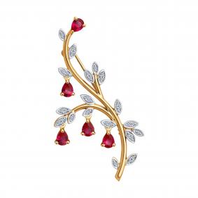 Золотая брошь SOKOLOV 74-00007 с бриллиантом и рубиновым корундом 74-00007 фото