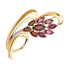 Золотая брошь SOKOLOV 740117 с фианитом, гранатом и родолитом 740117 фото