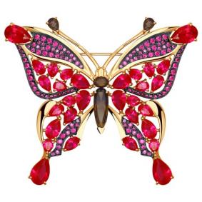 Золотая брошь SOKOLOV 740155 с миксом камней, раухтопазом и рубиновым корундом 740155 фото