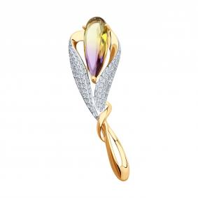 Золотая брошь SOKOLOV с ситаллом цвета Аметрин и фианитом 740161 740161 фото