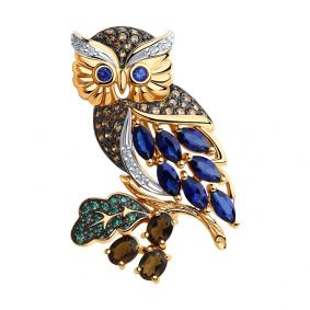 Золотая брошь SOKOLOV 740235 с фианитом, сапфировым корундом и раухтопазом 740235 фото