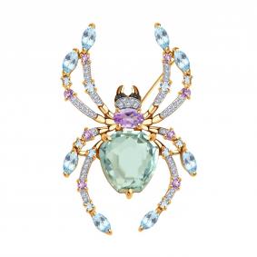 Золотая брошь SOKOLOV 740359 с топазом, фианитом и аметистом 740359 фото