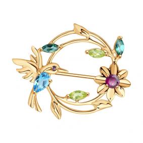 Золотая брошь SOKOLOV с ситаллом цвета Турмалин и миксом камней 740390 740390 фото