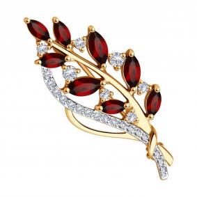 Золотая брошь SOKOLOV 740407 с фианитом и гранатом 740407 фото