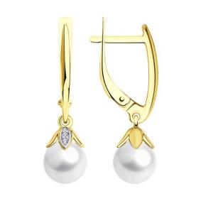 Серьги из лимонного золота SOKOLOV 79-20008-2 с бриллиантом и жемчугом 79-20008-2 фото