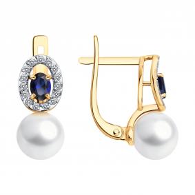 Золотые серьги SOKOLOV 79-20092 с бриллиантом, сапфировым корундом и жемчугом 79-20092 фото