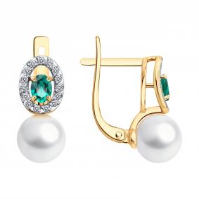 Золотые серьги SOKOLOV 79-20093 с бриллиантом, жемчугом и гидротермальным изумрудом 79-20093 фото