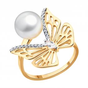 Золотое кольцо SOKOLOV 791278 с фианитом, жемчугом и горным хрусталём 791278 фото