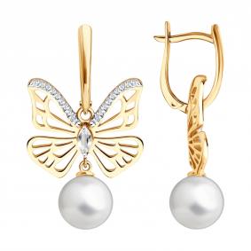 Золотые серьги SOKOLOV 792484 с фианитом, жемчугом и горным хрусталём 792484 фото