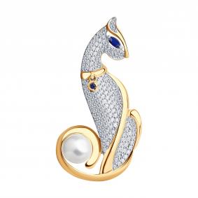 Золотая брошь SOKOLOV 794010 с фианитом, сапфировым корундом и жемчугом 794010 фото