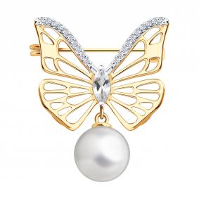 Золотая брошь SOKOLOV 794059 с фианитом, жемчугом и горным хрусталём 794059 фото