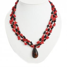 Колье Янтарная волна 8-00000 с янтарём и кораллом 8-00000 фото