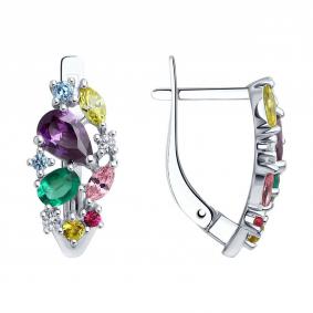 Серебряные серьги SOKOLOV 82020017-91 с фианитом, гидротермальным изумрудом и рубиновым корундом 82020017-91 фото