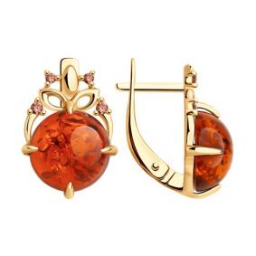 Серьги из золочёного серебра SOKOLOV 83020365 с фианитом и янтарём 83020365 фото