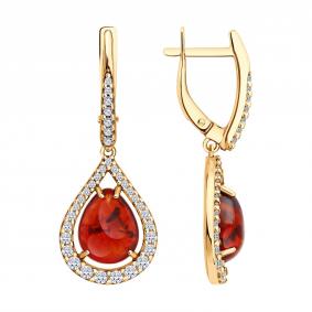 Серьги из золочёного серебра SOKOLOV 83020537 с фианитом и янтарём 83020537 фото