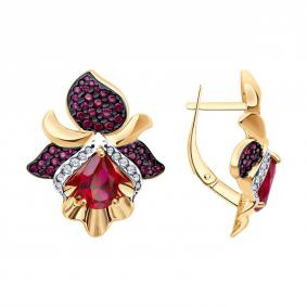 Серьги из золочёного серебра SOKOLOV 84020042 с фианитом и рубиновым корундом 84020042 фото